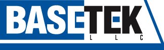 Logo with the word BASE in bold white letters on a blue background, and TEK in bold black letters on a white background, with smaller LLC beneath TEK.