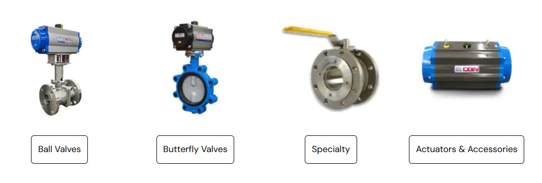 Four types of industrial valves and accessories are shown: a ball valve, a butterfly valve, a specialty valve with a yellow handle, and an actuator with blue ends. Each has a labeled button below it.