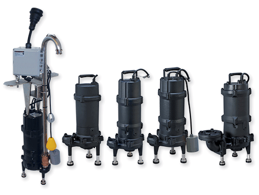 Five black industrial submersible pumps of varying sizes are arranged in a row on a light background, with the largest on the left featuring a control box and float switch.