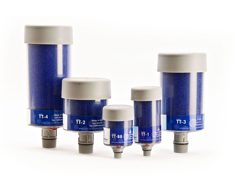 Five cylindrical filter cartridges of varying heights and widths, each filled with small blue beads and labeled TT-4, TT-2, TT-BB, TT-1, and TT-3, displayed on a white background.