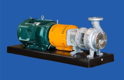 A horizontal centrifugal pump with a green electric motor, yellow coupling guard, and metallic pump housing, all mounted on a black metal base against a blue background.