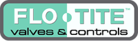 Logo for FLO-TITE valves & controls. The background is split vertically, half teal and half white, with the text FLO-TITE in large letters above valves & controls in a smaller black font.