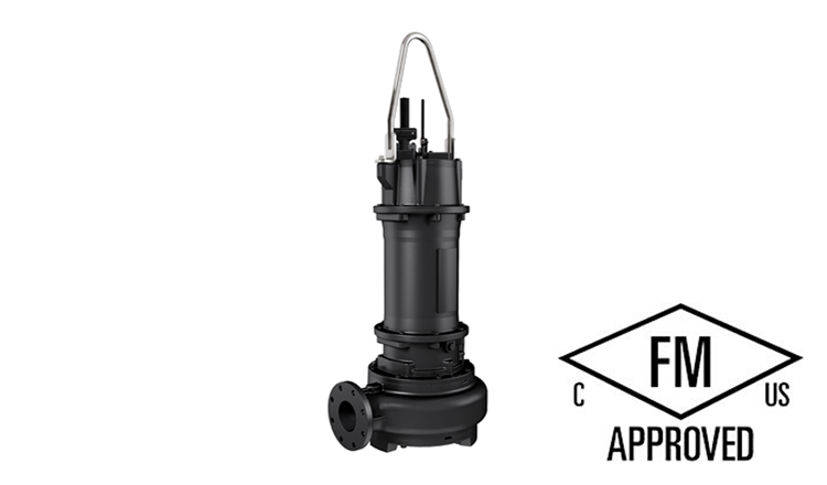 A black industrial submersible pump with a handle is shown next to an FM Approved certification logo, indicating compliance with safety standards.